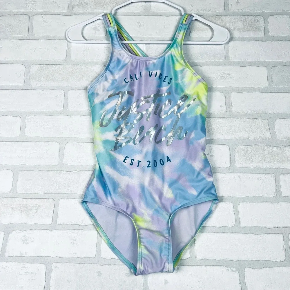 Justice Beach Girls‎ Tie Dye One Piece Swimsuit Multi Strap Blue Purple L 12/14